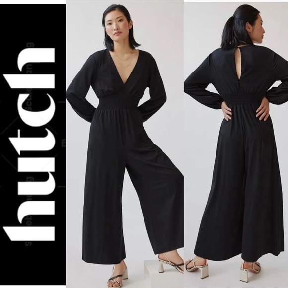 Hutch Pants - Hutch Black Jersey Knit V-Neck Wide Leg Jumpsuit xs